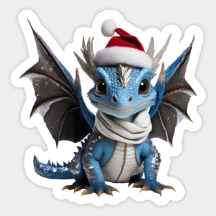 Realistic Artwork of a Cute Blue Baby Dragon Wearing a Red Santa Christmas Hat Sticker